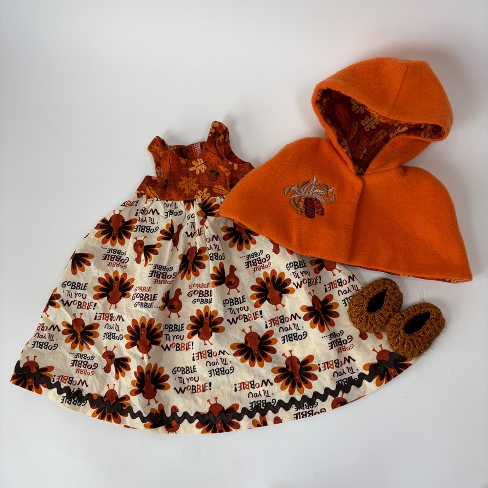 Handmade 18” Doll Thanksgiving Fall Outfit Dress Cape and Slippers